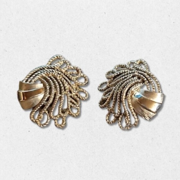 Vintage Signed Crown Trifari Earrings Gold Tone Twisted Rope Design Silver W OS - Picture 2 of 3